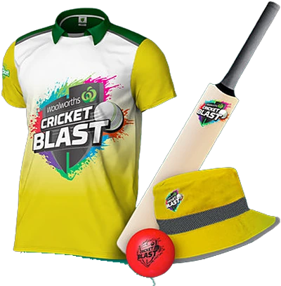 A Woolworths Cricket Blast kit: playing shirt, bat, ball and bucket hat.