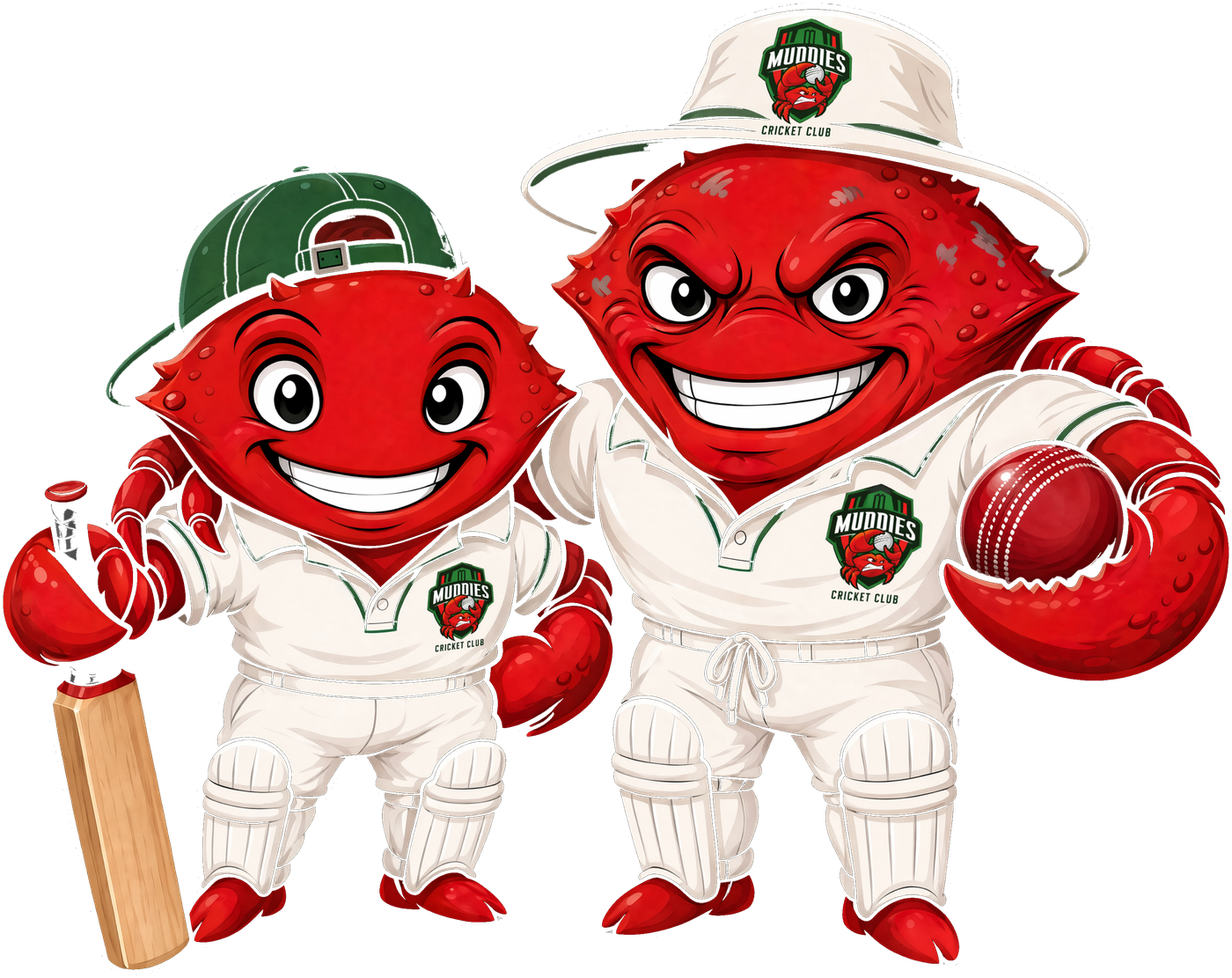 Two Muddies crab mascots in cricket whites — a senior and a young'un